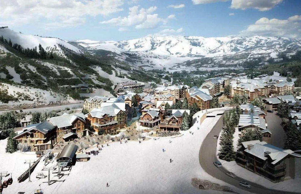 Aerial view of Snowmass Village Base Village in winter