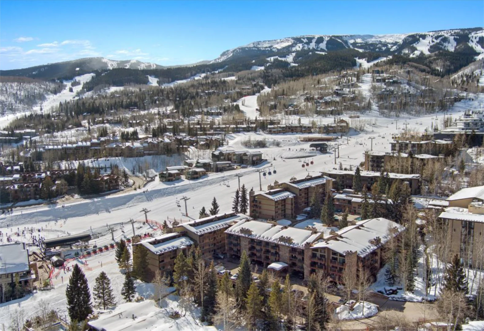 Aerial view of Stonebridge Condominiums ski-in ski-out access at Snowmass