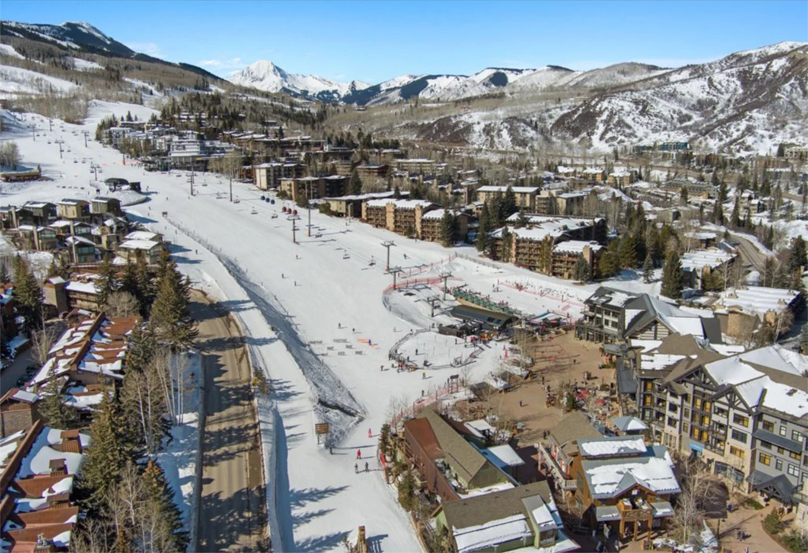 Aerial view of Snowmass Village and ski slopes in winter