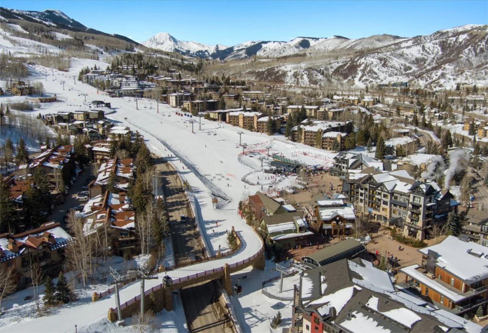 Aerial view of Snowmass Village and ski slopes in winter